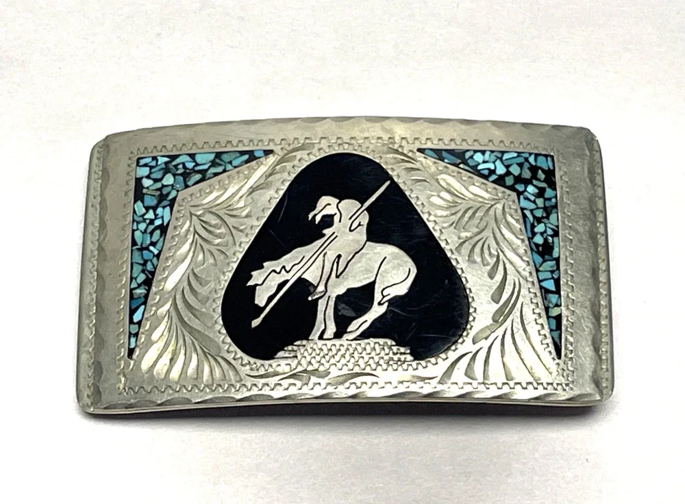 Indian On Horse End Of Trail Belt Buckle DT Handcrafted Turquoise Inlay 99g